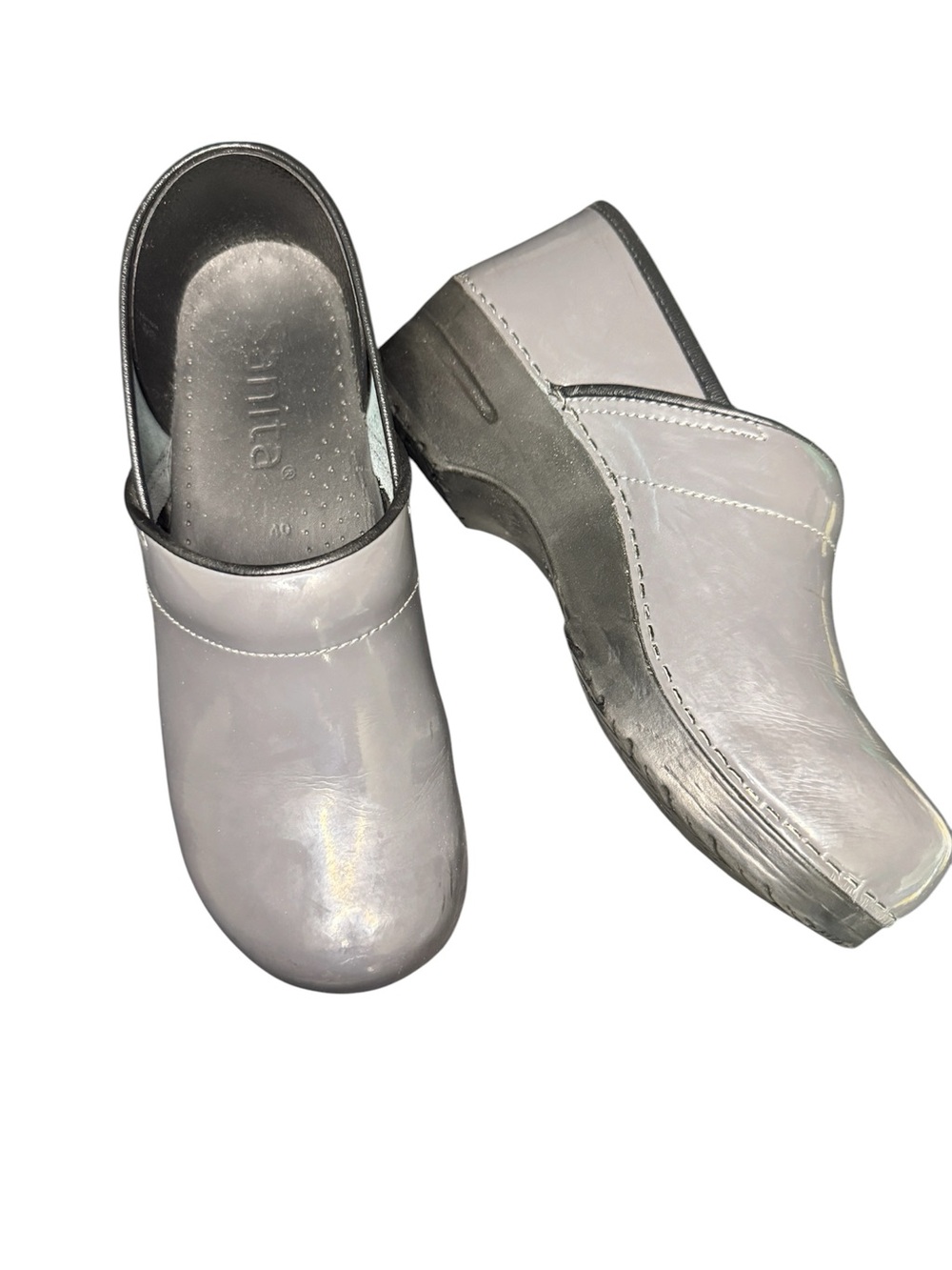 Sanita Professional Patent Leather Clogs Gray Slip Resistant Size 40